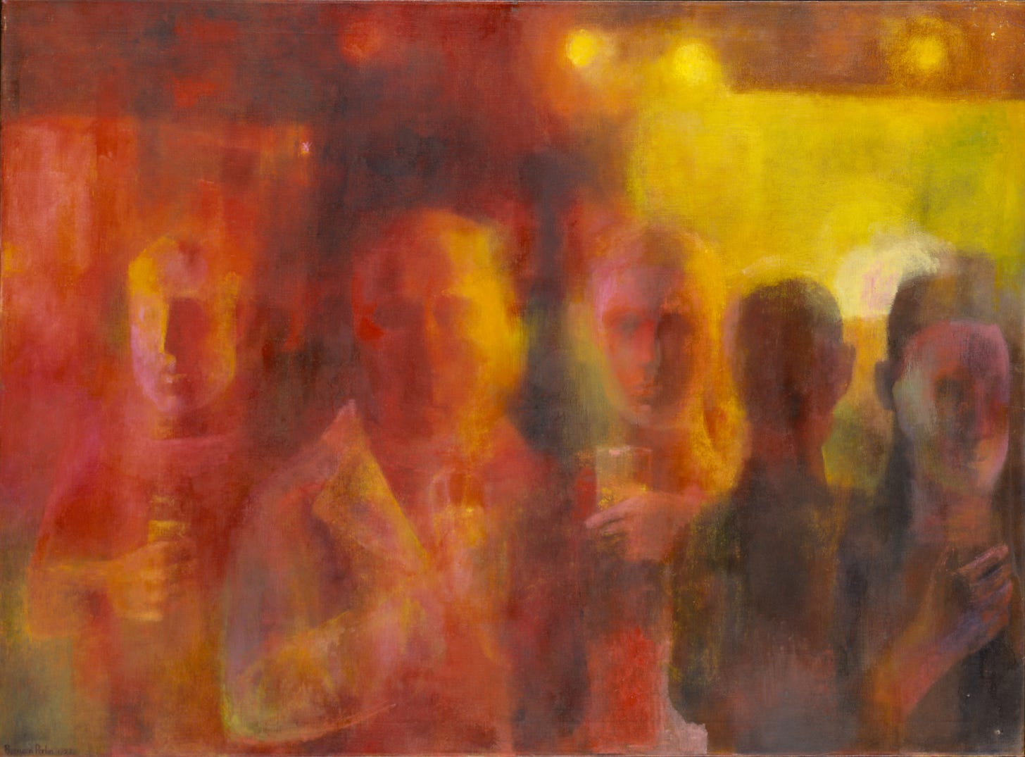 An abstract painting using warm tones of red, yellow, orange, and violet. The forms of several figures are visible but their features blur into each other. Most of the figures appear to be men, holding glasses. 