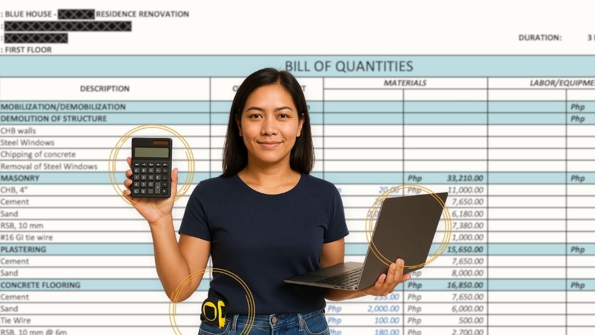 Filipino homeowner holding calculator and laptop with tape measure on belt, standing in front of a Bill of Quantities document showing construction costs
