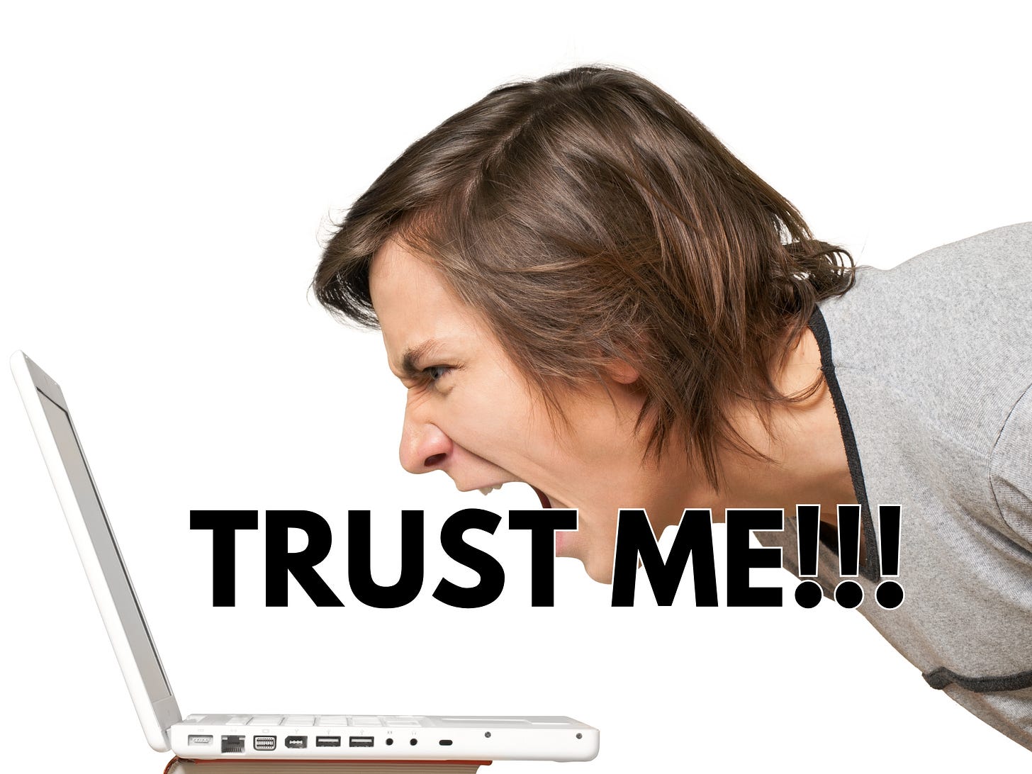 Image of a designer screaming at their laptop. Title reads Trust Me !!