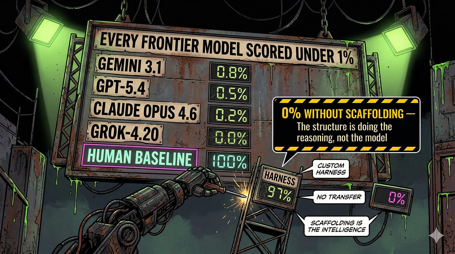 Bar chart showing ARC-AGI-3 benchmark scores for Gemini 3.1 Pro at 0.37%, GPT-5.4 at 0.26%, Claude Opus 4.6 at 0.25%, and Grok-4.20 at 0%, compared to the 100% human baseline, demonstrating the AI abstract reasoning performance gap in 2026 Bar chart showing ARC-AGI-3 benchmark scores for Gemini 3.1 Pro at 0.37%, GPT-5.4 at 0.26%, Claude Opus 4.6 at 0.25%, and Grok-4.20 at 0%, compared to the 100% human baseline, demonstrating the AI abstract reasoning performance gap in 2026