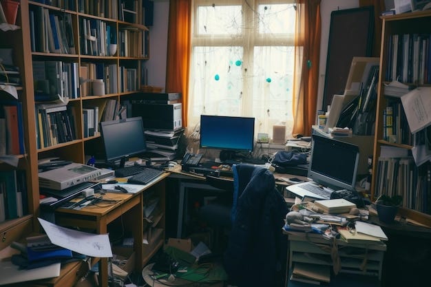 A messy desk with various items scattered around featuring a computer as  the central focus Organised chaos of a shared home workspace AI Generated |  Premium AI-generated image