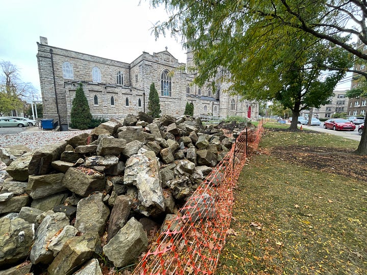 Stones from the exterior of the building that were removed during construction.