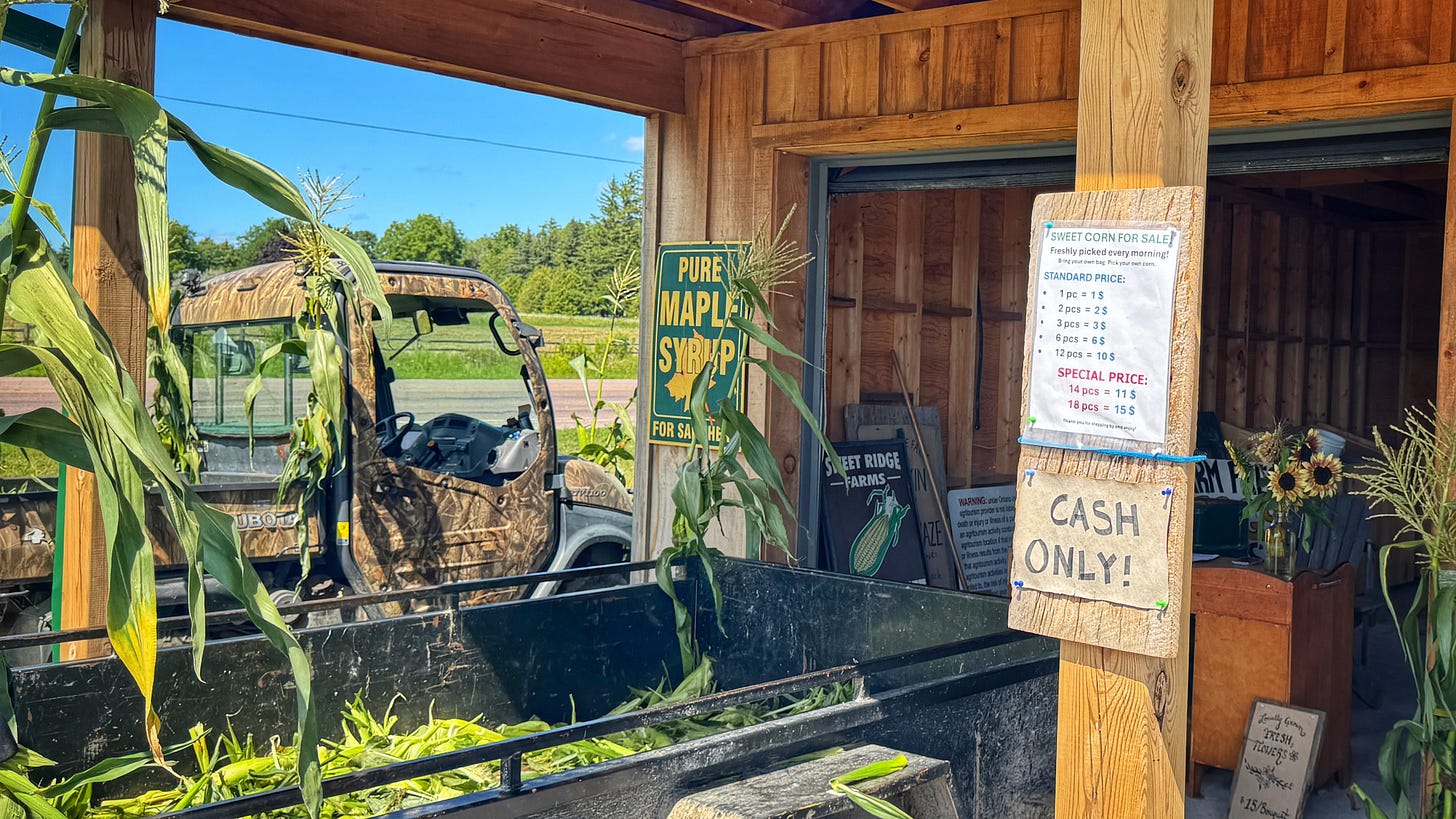 A closer shot of the corn stand. In the foreground there is a tractor wagon full of empty corn husks. There is also a price list and a sign that says, "Cash Only." In the background there is a small ATV-style tractor. A sign nailed to the wall of the building reads, "PURE MAPLE SYRUP FOR SALE." A closer shot of the corn stand. In the foreground there is a tractor wagon full of empty corn husks. There is also a price list and a sign that says, "Cash Only." In the background there is a small ATV-style tractor. A sign nailed to the wall of the building reads, "PURE MAPLE SYRUP FOR SALE."