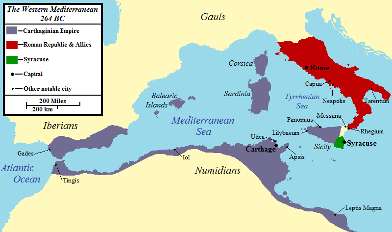 Map of the western Mediterranean at the time of the First Punic War in 264 BCE ©Original image by Jon Platek. Uploaded by Jan van der Crabben Χάρτης της δυτικής Μεσογείου την εποχή του Πρώτου Καρχηδονιακού Πολέμου το 264 π.Χ ©. Αρχική εικόνα από τον Jon Platek. Ανέβηκε από Jan van der Crabben