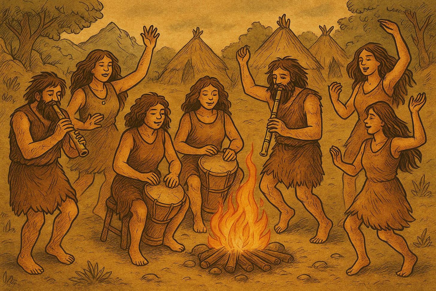 Illustration imagining an early hominid music gathering