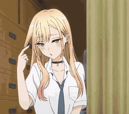 a girl with long blonde hair and a choker is standing in front of a dresser . a girl with long blonde hair and a choker is standing in front of a dresser .