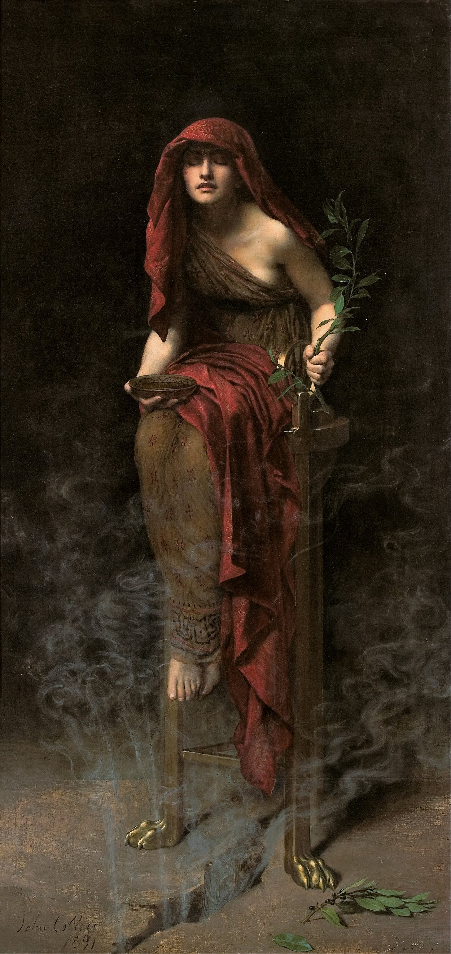 Priestess of Delphi by John Collier, the oracle seated on a tripod amid rising vapour Priestess of Delphi by John Collier, the oracle seated on a tripod amid rising vapour