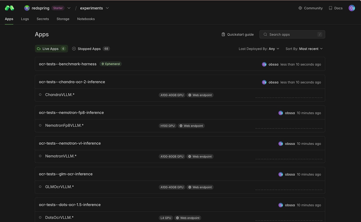 Modal Apps dashboard showing the deployed OCR inference endpoints — chandra-ocr-2, nemotron-fp8, nemotron-vl, glm-ocr, and dots-ocr-1.5 — each with its GPU type and web endpoint.
