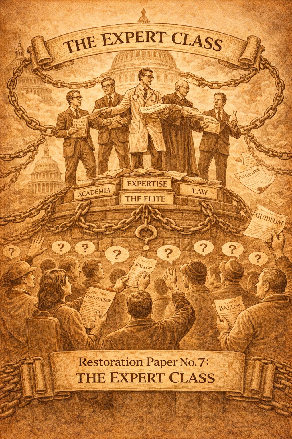 Sepia-toned illustration of a ruling “expert class” standing elevated above citizens, holding documents labeled policy and guidelines, with chains connecting institutions like academia and law, while citizens below hold ballots and the Constitution, symbolizing the shift from public authority to technocratic control.