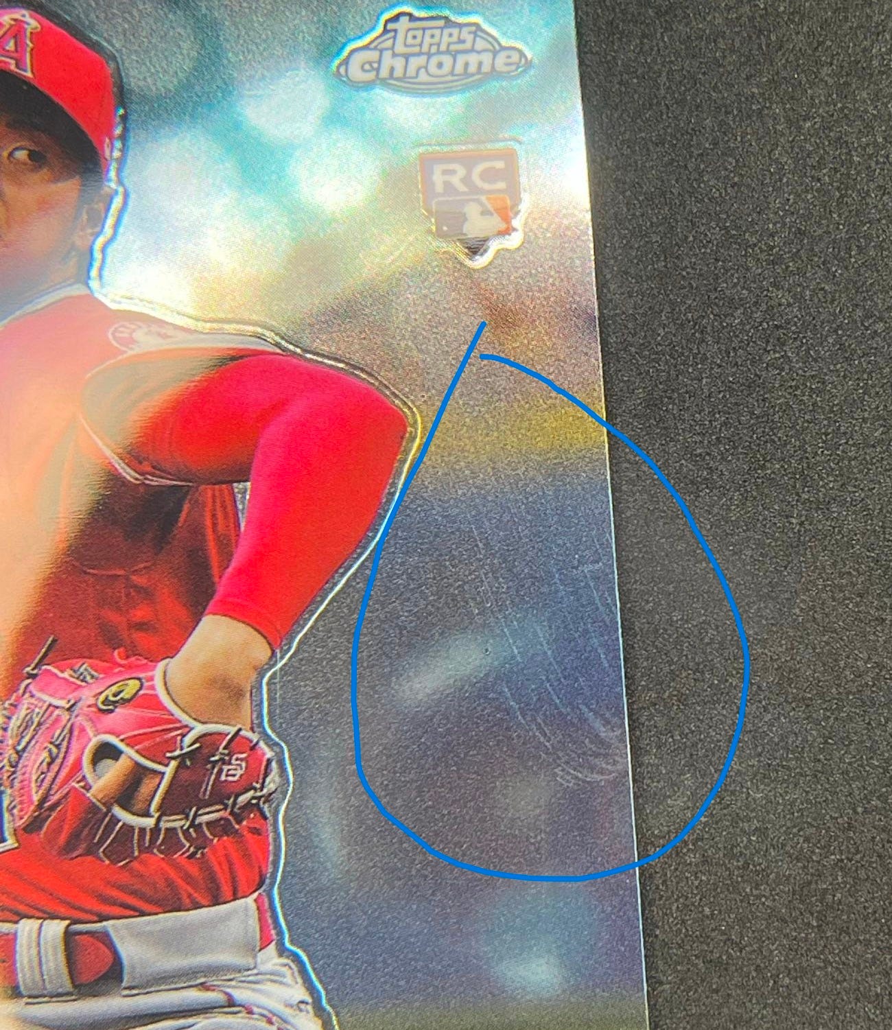 Example of front surface scratching for PSA grading on 2018 Topps Chrome Shohei Ohtani rookie card #150. Example of front surface scratching for PSA grading on 2018 Topps Chrome Shohei Ohtani rookie card #150.