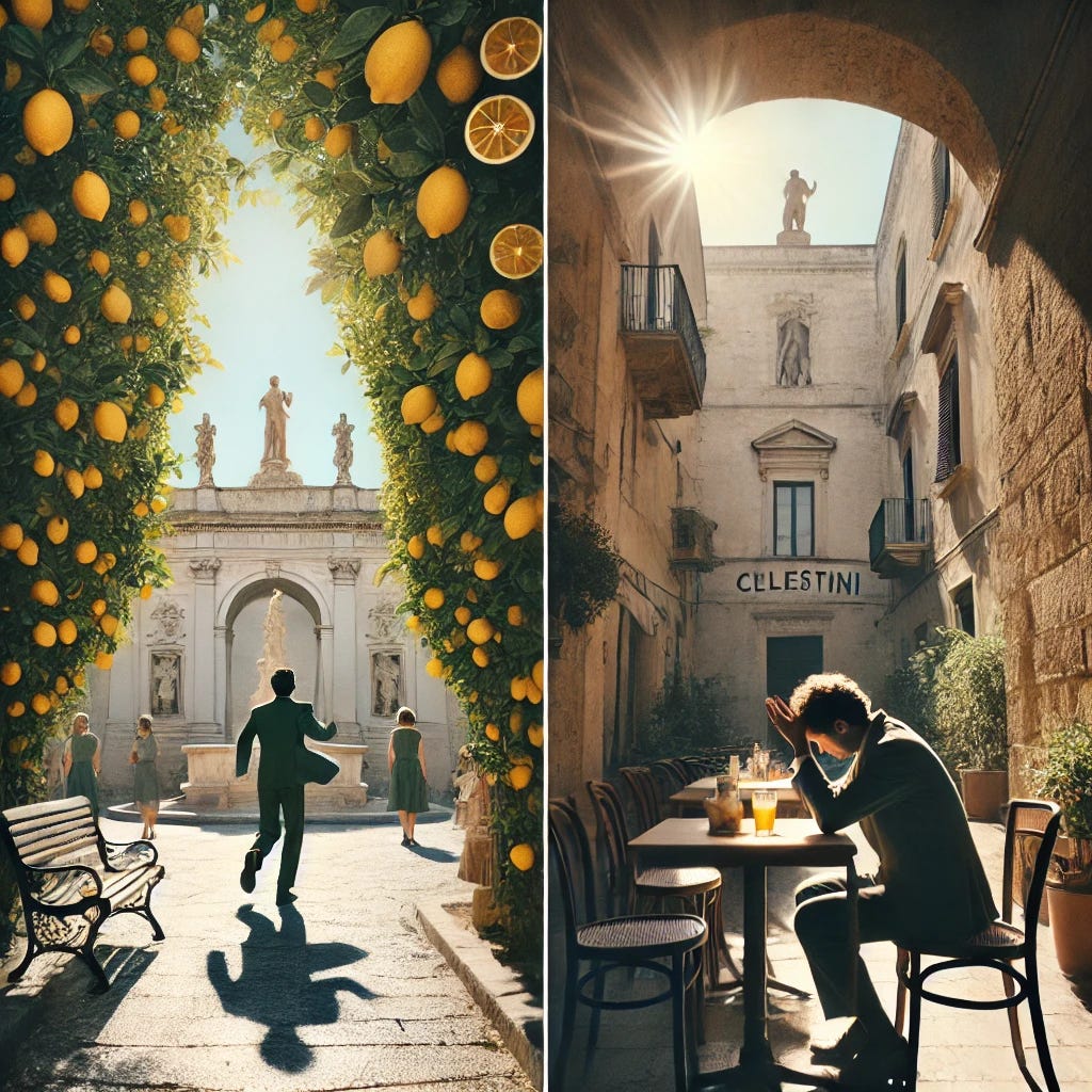 A nostalgic scene in Lecce, Italy, inspired by the song lyrics. The setting includes Via Libertini with a backdrop of lemon ice cream hedges under the bright sun, suggesting a mirage or reflection. In another part of Lecce, under the arch of the Celestini, a café scene captures a man caught by a laughter that might be from a woman he seeks, surrounded by the cool shadow of the building. The atmosphere is reflective, filled with longing and the charm of historic Italian streets.