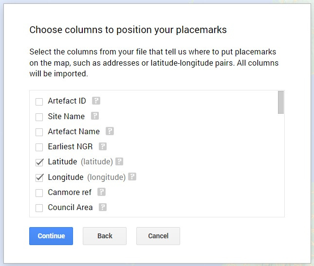 Screenshot from Google My Maps showing how to select the columns to use for positioning places on the map Screenshot from Google My Maps showing how to select the columns to use for positioning places on the map