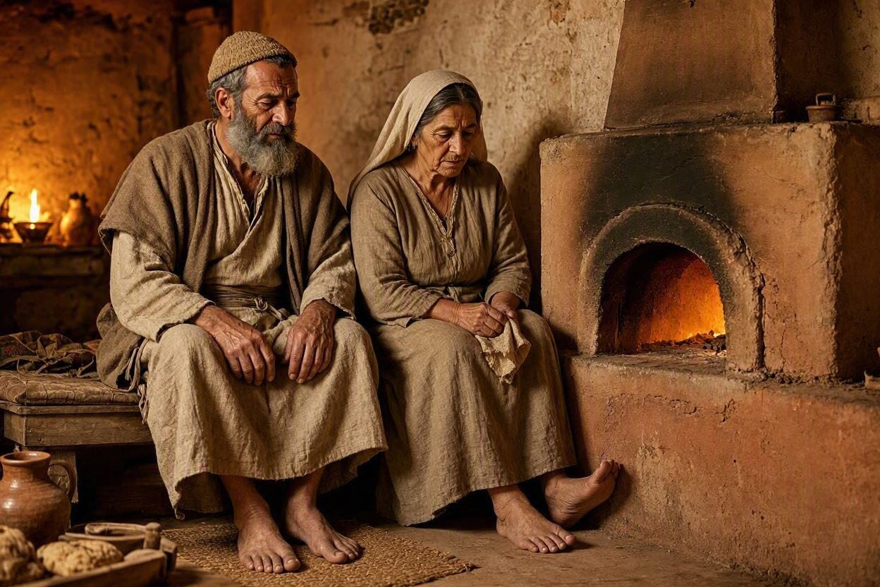 A Talmud-era rabbi and his wife are at home, sitting together and putting their bare feet against a clay oven built into the wall. They seem distressed.