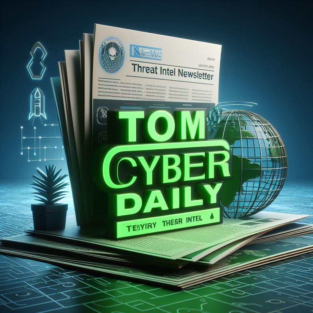 Cyber news threat intel newsletter with the title "Tom Cyber Daily", 3D, TomCyberDaily Text in green. 