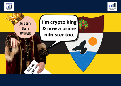 Justin Sun as Crypto King showing his hand and holding a SEC vs Tron case file saying “I’m crypto king and now a prime minister too” with the flag of Liberland on his back. Justin Sun as Crypto King showing his hand and holding a SEC vs Tron case file saying “I’m crypto king and now a prime minister too” with the flag of Liberland on his back.