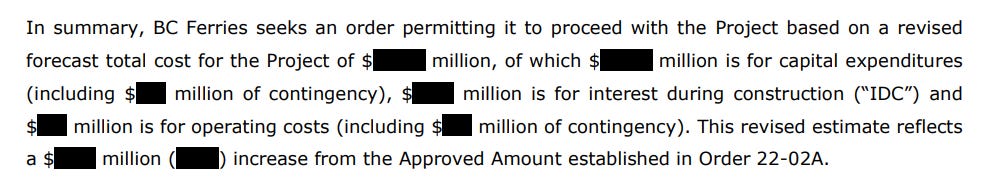 A redacted statement in the filing. By simply converting the document in pdf format and copying and pasting the text, one can uncover the full statement. This one reads “In summary, BC Ferries seeks an order permitting it to proceed with the Project based on a revised forecast total cost for the Project of $168.5 million, of which $152.8 million is for capital expenditures (including $4.8 million of contingency), $10.3 million is for interest during construction (“IDC”) and $5.4 million is for operating costs (including $0.4 million of contingency). This revised estimate reflects a $15.5 million (10%) increase from the Approved Amount established in Order 22-02A.” A redacted statement in the filing. By simply converting the document in pdf format and copying and pasting the text, one can uncover the full statement. This one reads “In summary, BC Ferries seeks an order permitting it to proceed with the Project based on a revised forecast total cost for the Project of $168.5 million, of which $152.8 million is for capital expenditures (including $4.8 million of contingency), $10.3 million is for interest during construction (“IDC”) and $5.4 million is for operating costs (including $0.4 million of contingency). This revised estimate reflects a $15.5 million (10%) increase from the Approved Amount established in Order 22-02A.”
