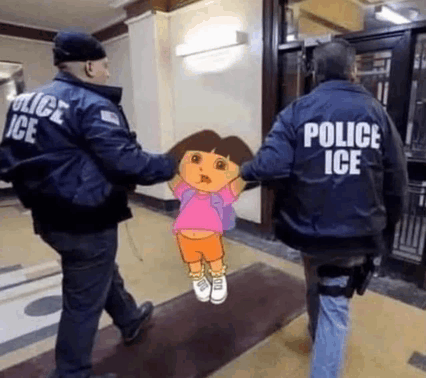 a police officer is holding a cartoon character named dora . a police officer is holding a cartoon character named dora .