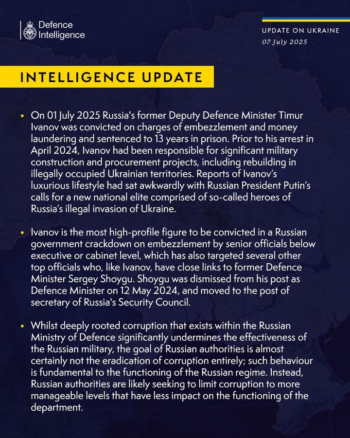 On 01 July 2025 Russia's former Deputy Defence Minister Timur Ivanov was convicted on charges of embezzlement and money laundering and sentenced to 13 years in prison. Prior to his arrest in April 2024, Ivanov had been responsible for significant military construction and procurement projects, including rebuilding in illegally occupied Ukrainian territories. Reports of Ivanov’s luxurious lifestyle had sat awkwardly with Russian President Putin’s calls for a new national elite comprised of so-called heroes of Russia’s illegal invasion of Ukraine.