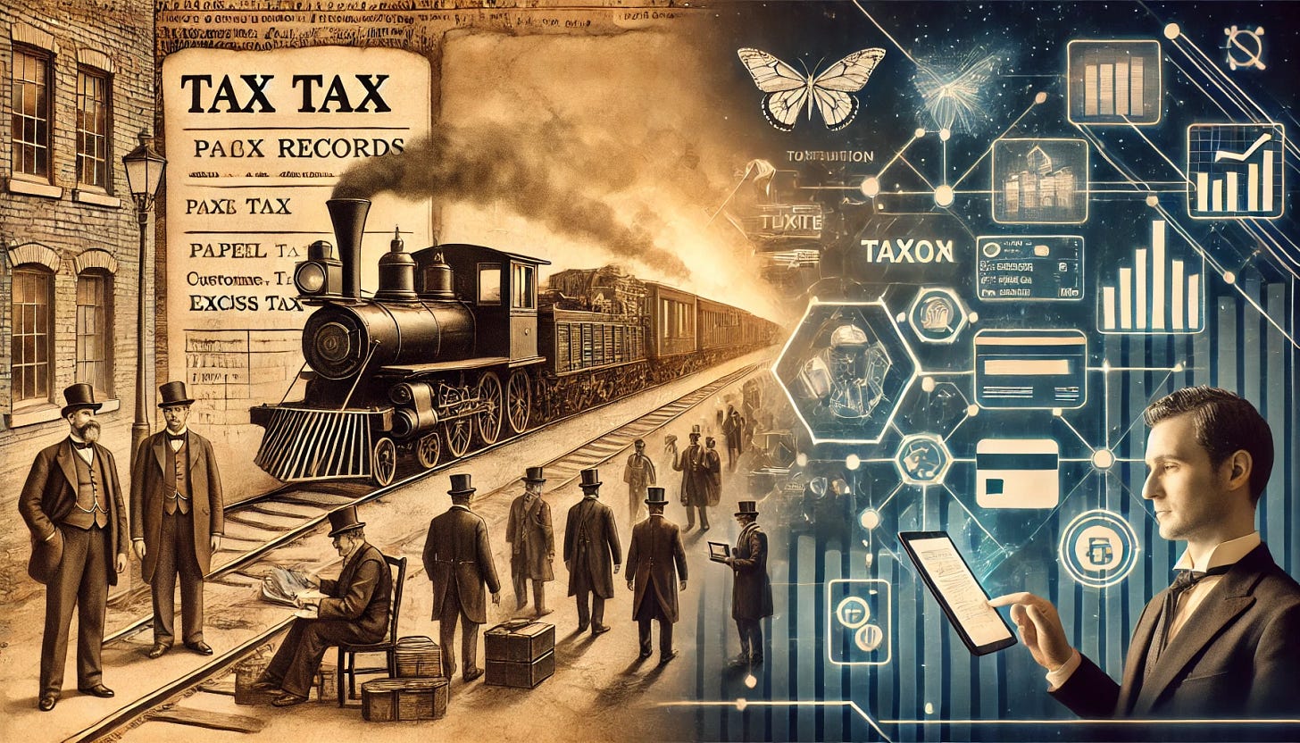 A conceptual digital illustration symbolizing the evolution of taxation. On the left side, a sepia-toned 19th-century scene shows paper tax records, steam trains, and customs officers collecting tariffs at ports—representing early income and excise taxes. The right side transitions into a sleek, digital 21st-century landscape with glowing transaction lines, digital wallets, mobile devices, and real-time data flows, symbolizing modern financial legibility and transaction-based taxation. The two scenes blend smoothly in the center, suggesting a historical transition. The overall tone is thoughtful and futuristic. No text.