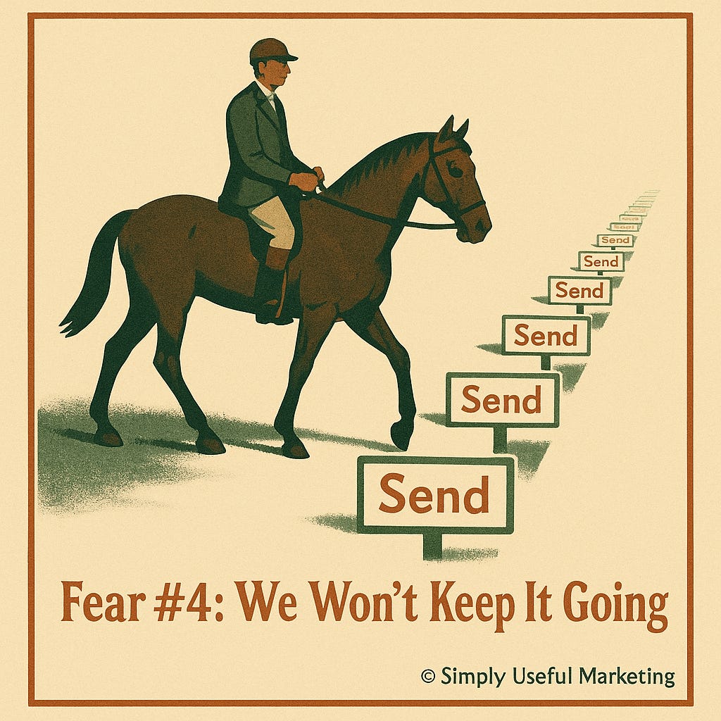 A calm horseman rides at a walking pace across a simple landscape, passing evenly spaced ground markers labeled “Send,” repeated into the distance. The scene is steady and restrained, emphasizing routine and consistency rather than speed or drama. A calm horseman rides at a walking pace across a simple landscape, passing evenly spaced ground markers labeled “Send,” repeated into the distance. The scene is steady and restrained, emphasizing routine and consistency rather than speed or drama.