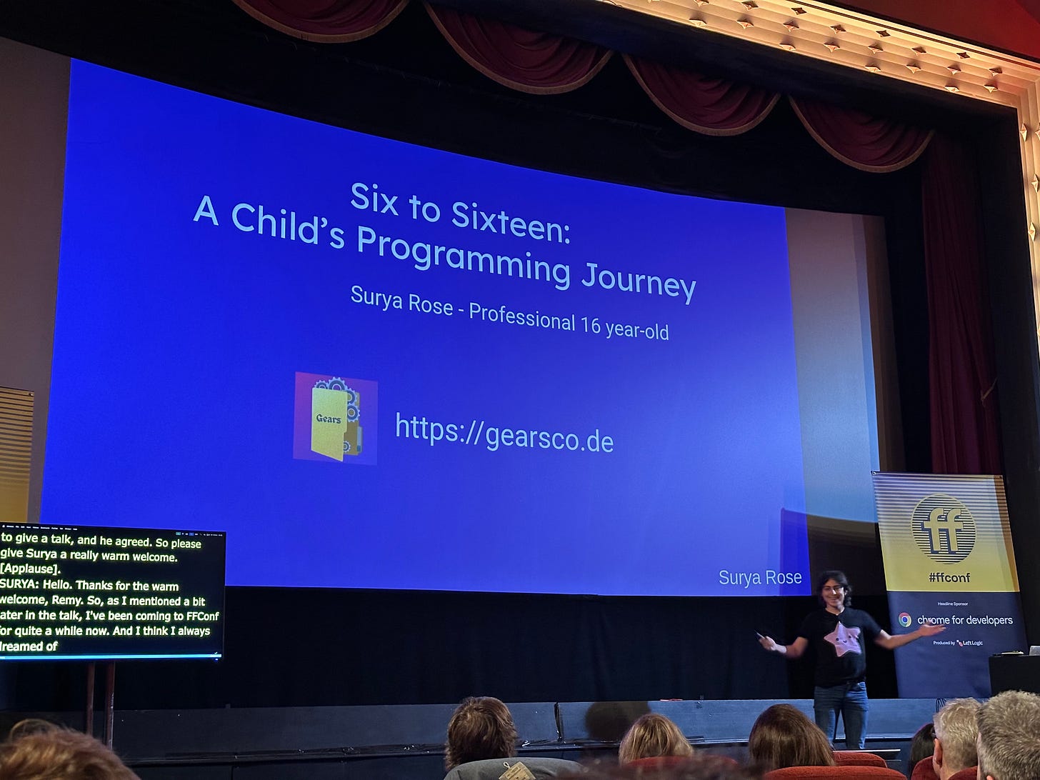 Surya Rose delivering his talk āSix to Sixteen: A Childās Programming Journeyā at the 2025 edition of ffconf in Brighton. Surya Rose delivering his talk āSix to Sixteen: A Childās Programming Journeyā at the 2025 edition of ffconf in Brighton.