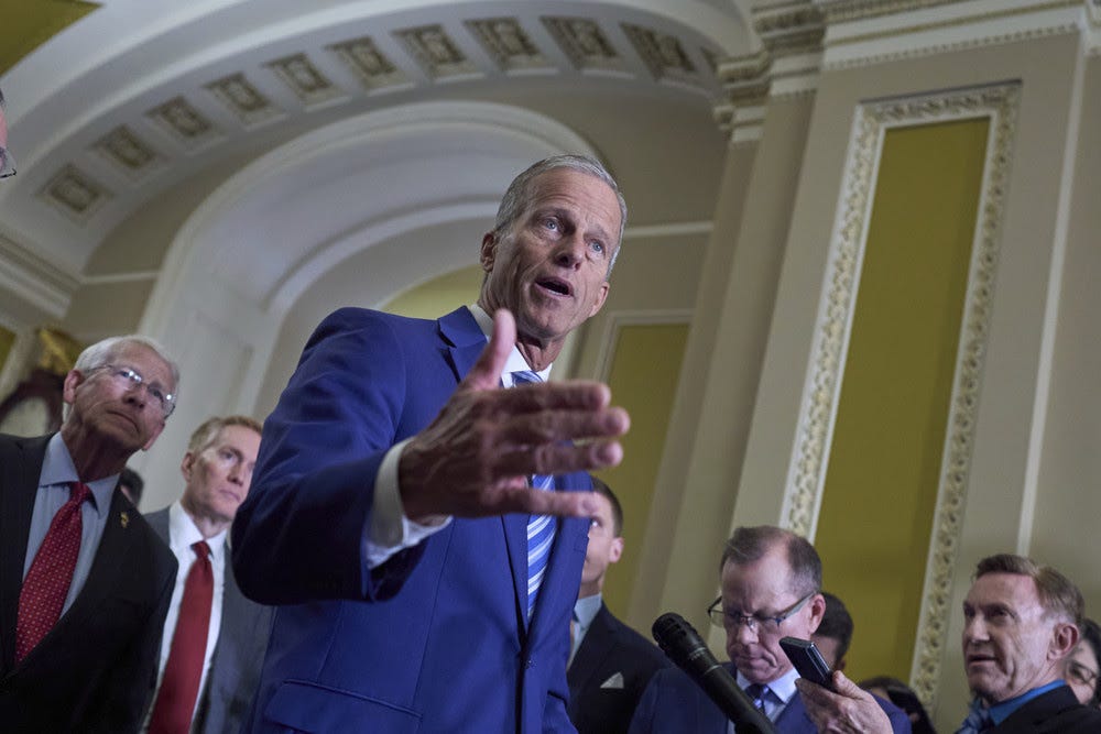 Senate Majority Leader John Thune (R-S.D.) meets with reporters