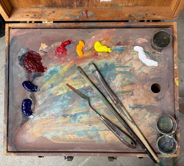 A paintbrushes and palette on a wooden surface
AI-generated content may be incorrect. A paintbrushes and palette on a wooden surface
AI-generated content may be incorrect.