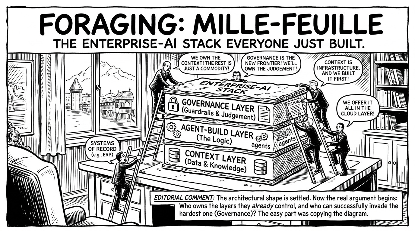 Editorial cartoon. A mille-feuille pastry labeled "Enterprise-AI Stack" sits on a study desk with three visible layers: a Context Layer (Data & Knowledge), an Agent-Build Layer (The Logic), and a Governance Layer (Guardrails & Judgement) capped with a padlock. Suited figures climb ladders against it, each with a speech bubble staking a claim: "We own the context! The rest is just a commodity!", "Governance is the new frontier! We'll own the judgement!", "Context is infrastructure, and we built it first!", "We offer it all in the cloud layer!", and a smaller figure labeled "Systems of Record (e.g. ERP)." Through the window is Lucerne's old town with the Chapel Bridge and Water Tower. A boxed editorial comment reads: the architectural shape is settled; now the real argument begins over who owns the layers they already control and who can invade the hardest one, Governance. The easy part was copying the diagram. Editorial cartoon. A mille-feuille pastry labeled "Enterprise-AI Stack" sits on a study desk with three visible layers: a Context Layer (Data & Knowledge), an Agent-Build Layer (The Logic), and a Governance Layer (Guardrails & Judgement) capped with a padlock. Suited figures climb ladders against it, each with a speech bubble staking a claim: "We own the context! The rest is just a commodity!", "Governance is the new frontier! We'll own the judgement!", "Context is infrastructure, and we built it first!", "We offer it all in the cloud layer!", and a smaller figure labeled "Systems of Record (e.g. ERP)." Through the window is Lucerne's old town with the Chapel Bridge and Water Tower. A boxed editorial comment reads: the architectural shape is settled; now the real argument begins over who owns the layers they already control and who can invade the hardest one, Governance. The easy part was copying the diagram.