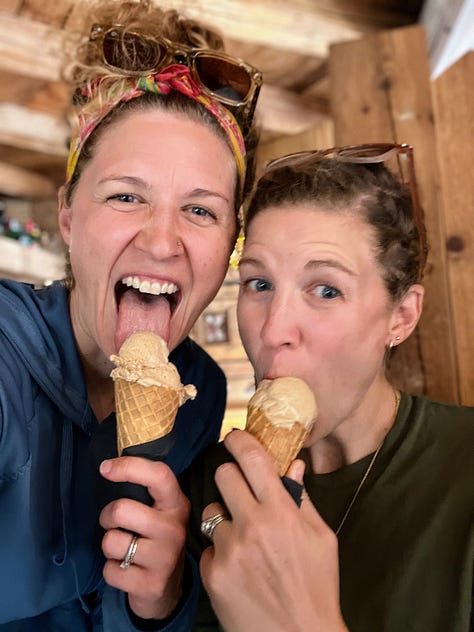 Picture of a girl eating an ice cream on a cone (gelato in Italy), identical twins eating gelato on a cone, and a girl dipping a spoon into a glass cup of yogurt with jam and berries.