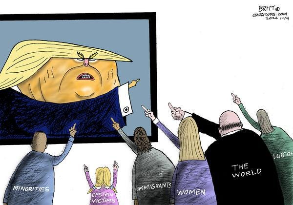 A square meme "Giving the Finger" © 2026 by Chris Britt depicting the following:

In the upper left corner we see an unflattering (deservedly so) caricature of Donald Trump giving the finger (with a very tiny hand) to a Ford worker after being called out as a "pedophile protector" during a visit to Detroit Ford plant.

Below this ugly image we have other caricatures, men, women, and children, returning "the finger" towards the Trump image, left to right as follows:
MINORITIES, EPSTEIN VICTIMS, IMMIGRANTS, WOMEN, THE WORLD, LGBTQ+ 


"Giving the Finger" #trump #vance #republicans = MURDERERS 
© 2026 #Chris_Britt / www.creators.com
About: Chris Britt's political cartoons are sometimes controversial, often outrageous and always thought-provoking. His take-no-prisoners style has been entertaining readers since 1991. A self-described liberal, Britt nevertheless delights in skewering deserving politicians of every persuasion. His numerous awards include first place for editorial cartooning from the Washington Press Association in 1995, the National Press Foundation's Berryman Award as editorial cartoonist of the year in 1994, and the Sigma Delta Chi Award for editorial cartooning from the Society of Professional Journalists in 2009. Before joining The State Journal-Register, he was a cartoonist at The Seattle Times, the Sacramento Union, the Houston Post and The News Tribune of Tacoma, Wash.
©Creators Syndicate