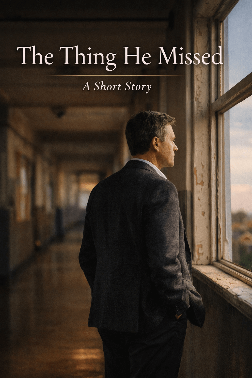 A successful middle-aged man standing by a school window, looking out at the sky, reflecting on the life and dreams he left behind.