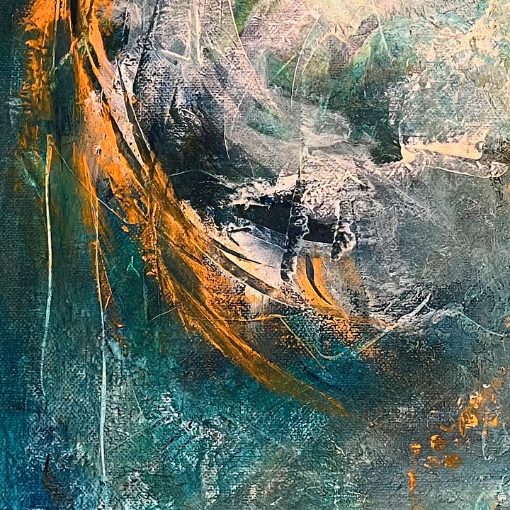 Vibrant, colourful abstract painting rich in blues and orange