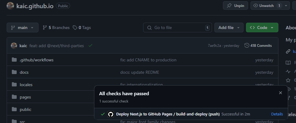 Screenshot of a GitHub repository for 'kaic.github.io' showing the latest commit details. The commit titled 'feat: add @next/third-parties' is highlighted, with a successful check for 'Deploy Next.js to GitHub Pages/build-and-deploy (push)' completed in 2 minutes. The repository includes multiple folders such as '.github/workflows', 'docs', 'locales', 'pages', 'public', and 'src', with recent updates visible in the commit history Screenshot of a GitHub repository for 'kaic.github.io' showing the latest commit details. The commit titled 'feat: add @next/third-parties' is highlighted, with a successful check for 'Deploy Next.js to GitHub Pages/build-and-deploy (push)' completed in 2 minutes. The repository includes multiple folders such as '.github/workflows', 'docs', 'locales', 'pages', 'public', and 'src', with recent updates visible in the commit history