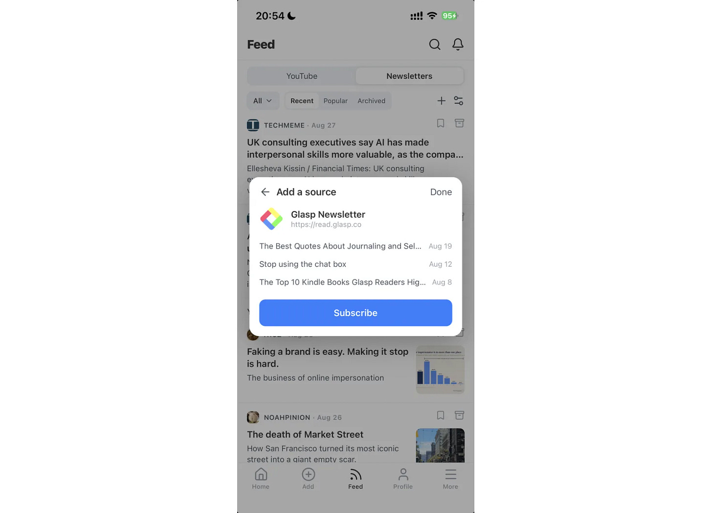 The preview of a source with its recent posts and the Subscribe button The preview of a source with its recent posts and the Subscribe button