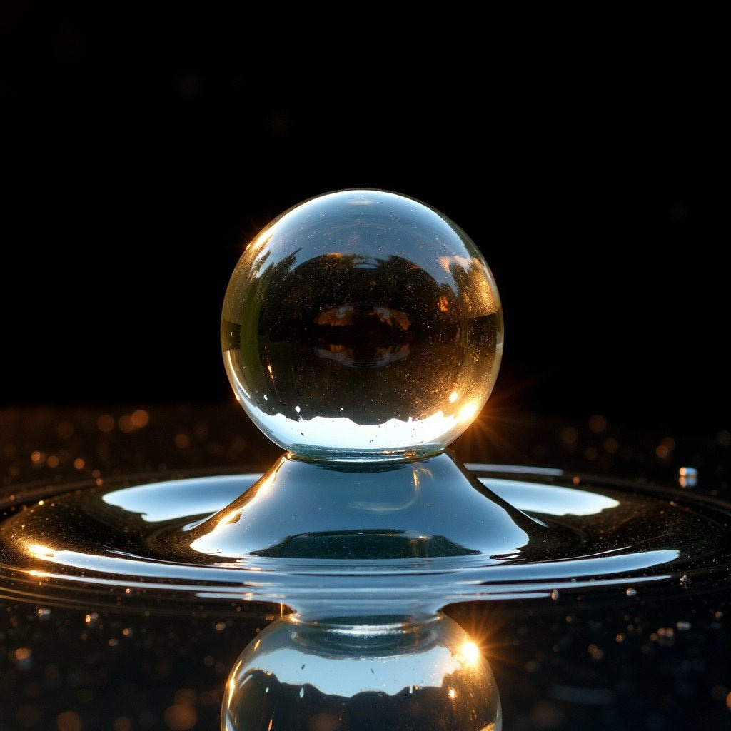 A crystal-clear glass sphere sits elegantly on a reflective surface, creating a study in light and transparency. The orb captures and bends light, producing subtle internal refractions and a luminous glow against the deep black background. Reflections mirror the sphere on the smooth surface below, doubling its visual impact while creating a harmonious composition. The minimalist setup emphasizes the sculptural qualities of the glass, allowing viewers to appreciate its perfect geometry and the magical way it interacts with light.