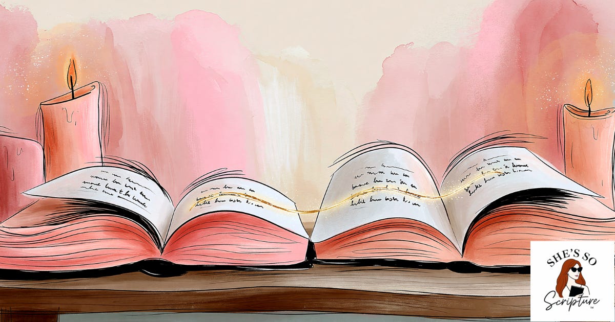 Illustrated two open manuscripts side by side on a wooden table joined by a glowing golden thread between their pages, in warm blush and cream watercolor tones