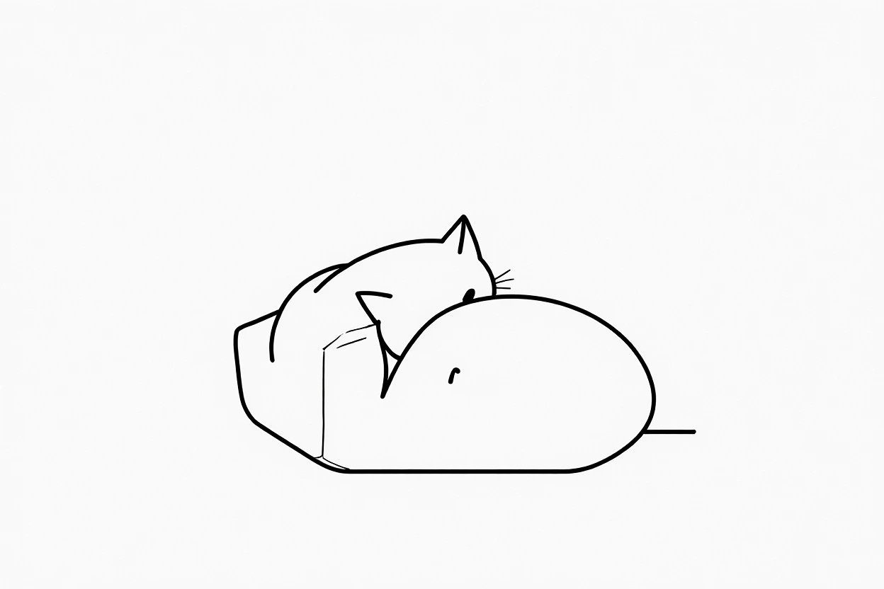 Krea 1 image for "Minimalist line art: a single unbroken black line forming a cat curled on a cushion, white background."