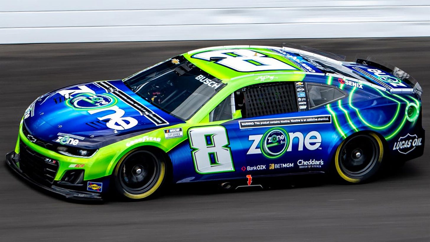zone Nicotine Pouches returns as anchor partner for Kyle Busch and No. 8 Richard Childress Racing team in 2026. zone Nicotine Pouches returns as anchor partner for Kyle Busch and No. 8 Richard Childress Racing team in 2026.
