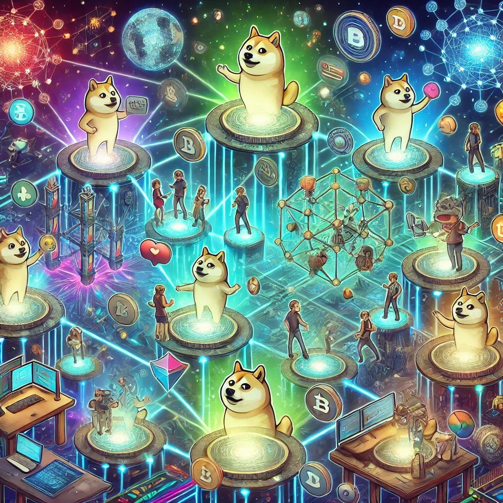 A digital illustration showing characters inspired by popular memecoins like Doge and Pepe actively contributing to a dynamic and interconnected ecosystem. The environment features glowing nodes, pathways, and collaborative tools, symbolizing the compounding value and network effects in the ecosystem. Characters are shown building, interacting, and innovating, creating a vibrant and thriving digital space. The background is futuristic and colorful, emphasizing growth, creativity, and collaboration. No text or symbols included.