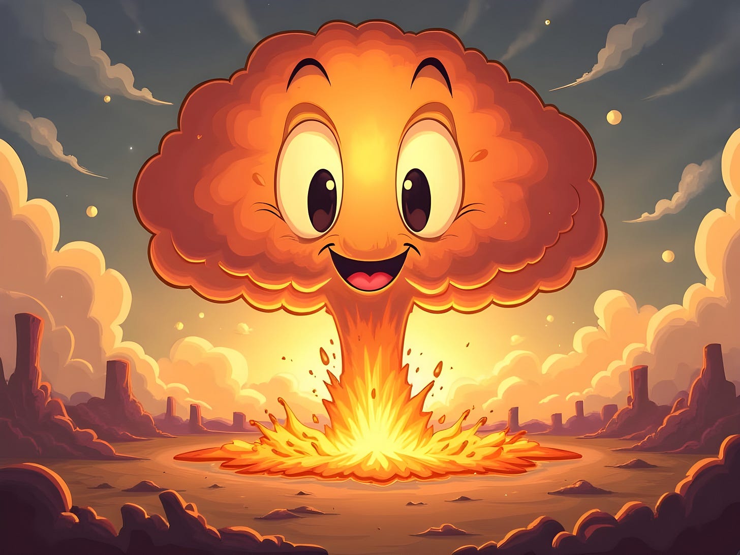 a smiling, cartoon, nuclear mushroom cloud