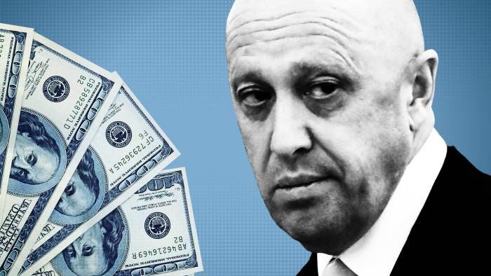 A montage of Yevgeny Prigozhin and US dollar bank notes 