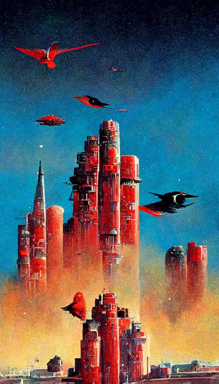 prompthunt: Angus McKie, black and red birds flying over a vast city