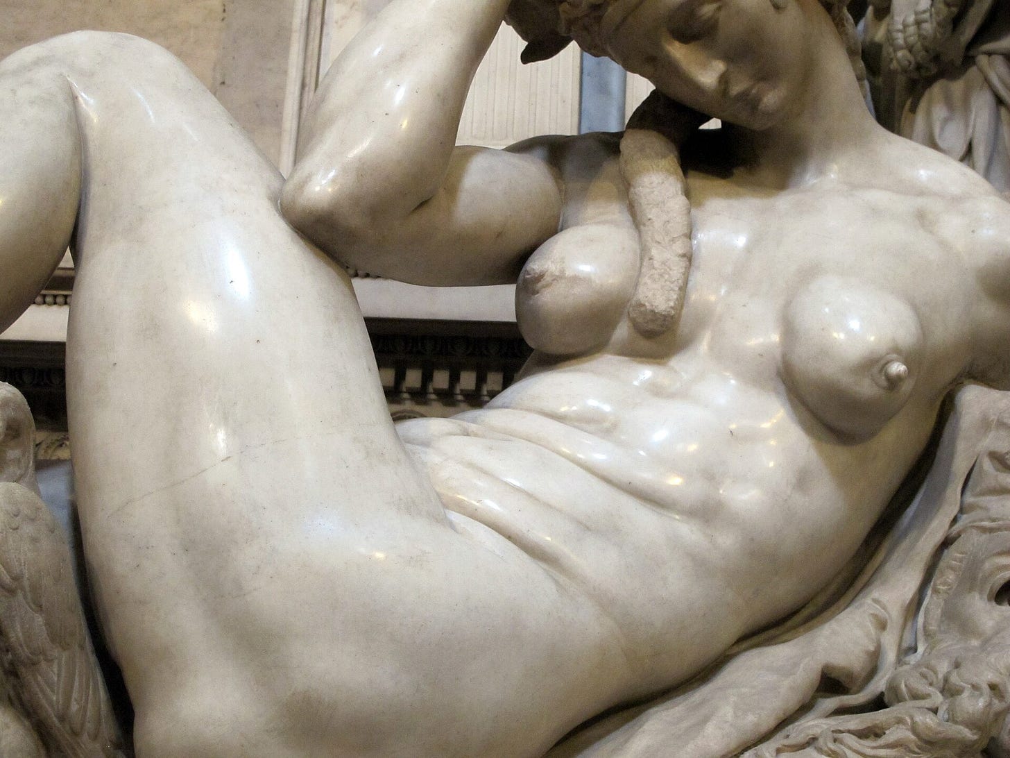 Michelangelo, Night, on the tomb of Giuliano de' Medici, 1524 to 1534. New Sacristy, San Lorenzo, Florence.