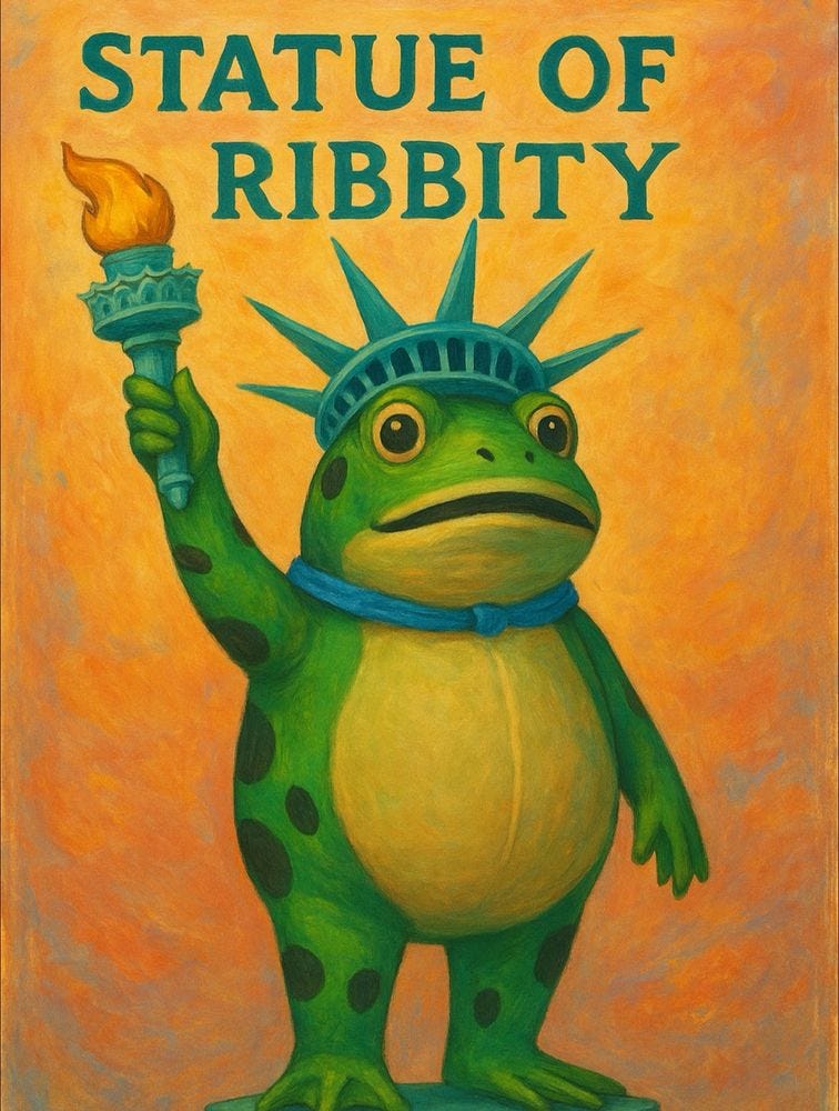 illustration of a frog in a blue scarf and statue of liberty crown holding a torch under the words statue of ribbity 