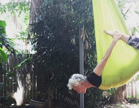 nine photos with a white haired woman in exercise clothing doing each of the Pilates exercises listed in the email