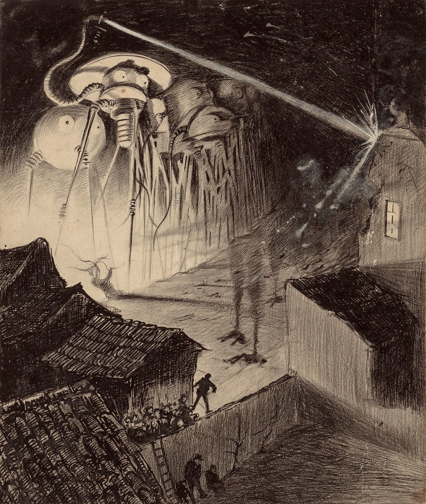 HENRIQUE ALVIM CORRÊA - Martians Blast House, from The War of the Worlds, Belgium edition, 1906 (illustration is featured in Book I- The Coming of the Martians, Chapter VIII- "Friday Night,") HENRIQUE ALVIM CORRÊA - Martians Blast House, from The War of the Worlds, Belgium edition, 1906 (illustration is featured in Book I- The Coming of the Martians, Chapter VIII- "Friday Night,")