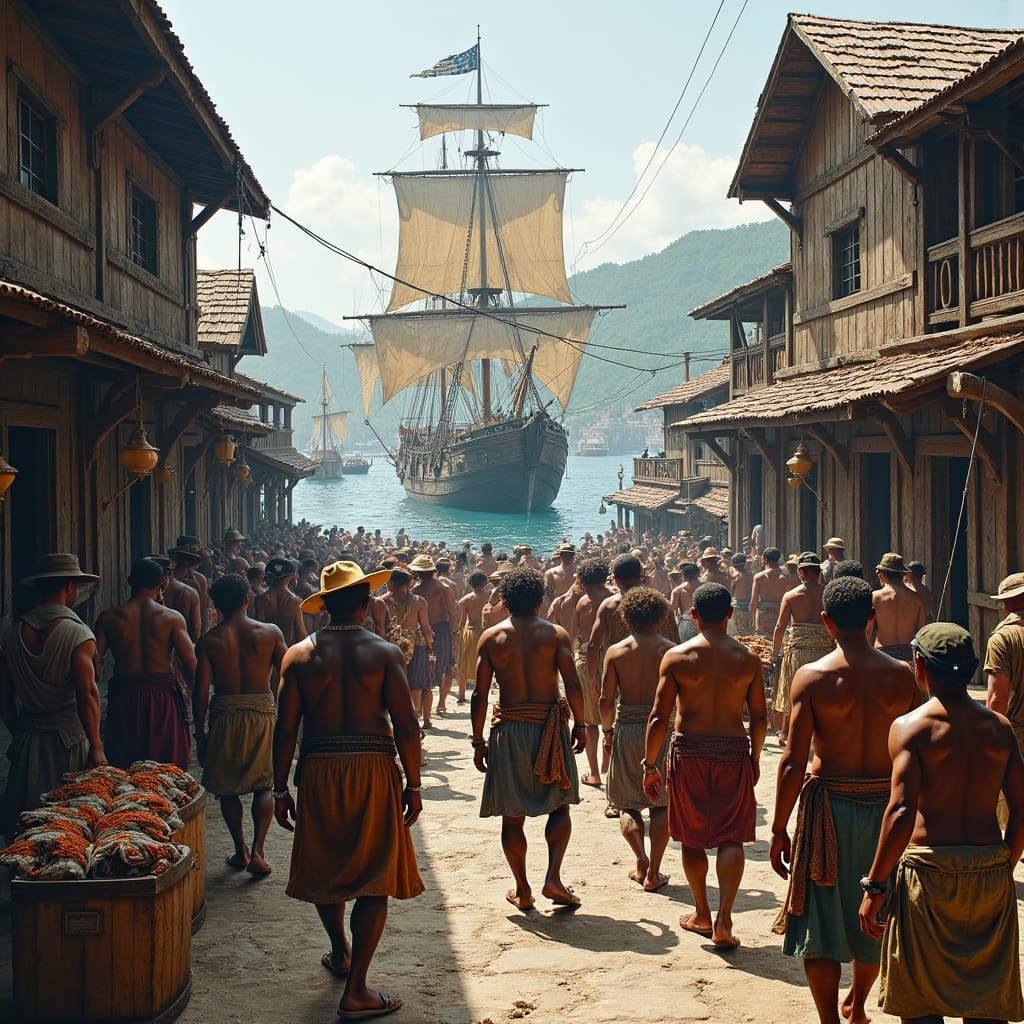 In the heart of 17th century Port Royal, Jamaica, a vibrant and tumultuous scene unfolds. Amidst the crowded streets, merchants in fine attire, naval officers with ornate uniforms, and laborers of diverse backgrounds in worn, earth-toned clothing hurry about, showcasing the city's melting pot. The harbor teems with majestic wooden sailing ships, their intricate rigging and billowing sails a testament to the era's maritime prowess. Busy dockworkers unload precious cargo: wooden barrels of amber rum, fragrant spice crates, and colorful textile bundles. Laborers, some bare-chested and others clad in loose-fitting shirts, struggle under heavy loads, their sweat-glistened faces set in determination, as overseers watch with a keen eye, whips, chains, and iron collars at the ready, casting a somber shadow over the bustling scene. The architecture is a rich tapestry of European-style wooden buildings, rustic taverns, and imposing warehouses, their weathered facades bearing witness to the city's storied past. The atmosphere is electric, with activity bursting from every corner: merchants haggling over goods, sailors hauling cargo, and the clang of hammers ringing out from shipwrights at work. The setting sun casts a warm, golden glow, imbuing the scene with a sense of urgency and importance, as if the very fate of the city hangs in the balance. Inspired by the works of the Old Masters, such as J.M.W. Turner and Francisco de Goya, with a touch of the dramatic lighting of Caravaggio, and the vivid colors of a cinematic film still, this scene is a masterful blend of historical accuracy and artistic flair, captured with the gritty texture of 35mm film, the soft focus of a cinematic lens, and the evocative grain of a classic film stock.