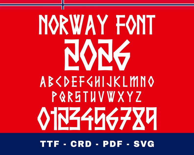 May include: A red background with white text that reads "NORWAY FONT" above the alphabet and numbers. The font is a geometric style. Below the numbers are the letters "TTF - CRD - PDF - SVG".