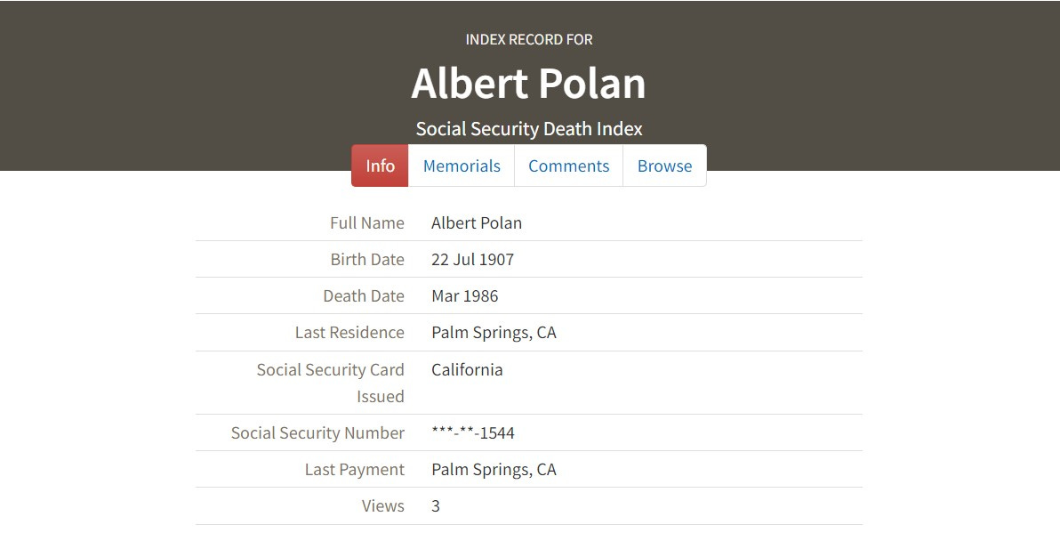 Screen shot of death record of the other Albert Polan.