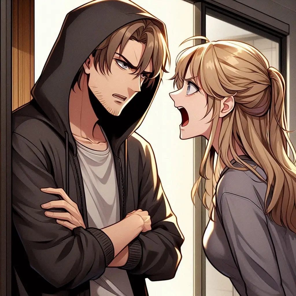 a middle ages poorish looking man who has dark blonde hair and stubble wearing a hoodie with some handsome facial features being yelled at by his shorter blond wife. they are arguing in at his front door. modern area.anime art style. dark. 